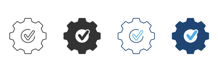 Gear With Checkmark Line And Solid Icon Set. Quality Assurance, System Optimization, And Task Completion Symbol Collection. Process Efficiency And Reliability. Isolated Vector Illustration