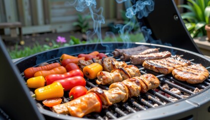 Grilled meats and vegetables with smoke on a barbecue grill.