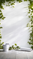 A serene white wall framed by green ivy, embodying freshness and tranquility.
