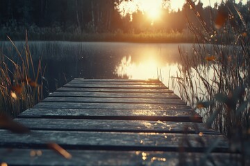 Wooden Dock at Sunrise by Tranquil Lake Surrounded by Nature