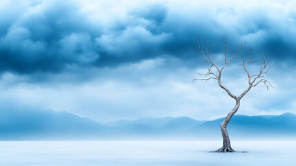 A solitary, leafless tree under a dramatic cloudy sky in a serene landscape.