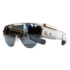 AR glasses with micro display projection visible in lens, modern design, angled side view, centered on bright white