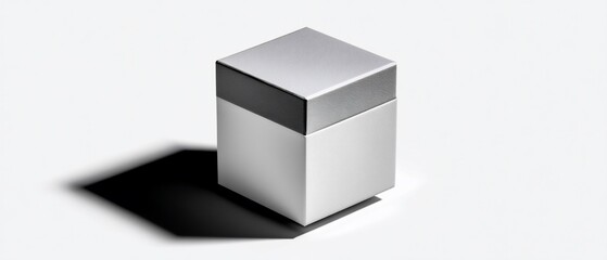 Fototapeta premium Silver cube object with a dark top, casting a shadow on a white background