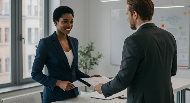 Business professionals exchanging important documents inside a bright modern office setting to finalize a successful corporate deal.