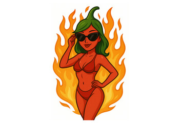 Hot Chili Pepper Woman in Bikini with Sunglasses and Flames – Sexy Anthropomorphic Spicy Character on White Background – Fun Summer Pin-Up Cartoon Illustration for Merchandise or Posters