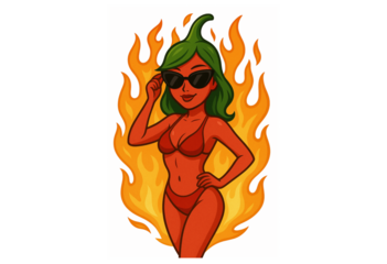 Hot Chili Pepper Woman in Bikini with Sunglasses and Flames – Sexy Anthropomorphic Spicy Character on White Background – Fun Summer Pin-Up Cartoon Illustration for Merchandise or Posters