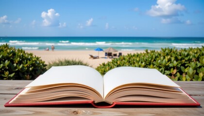 Open book on a table with a beach view in the background.