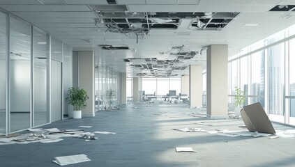 Damaged office interior, shattered ceiling, debris scattered