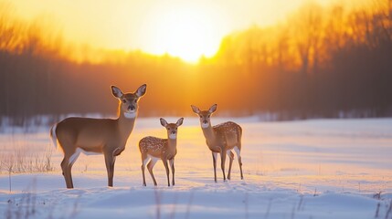 Family of Deer Walking Through Snow at Sunset in Winter Landscape