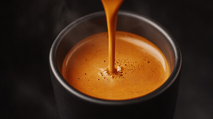 A steaming cup of rich, aromatic coffee pouring into a sleek black mug.