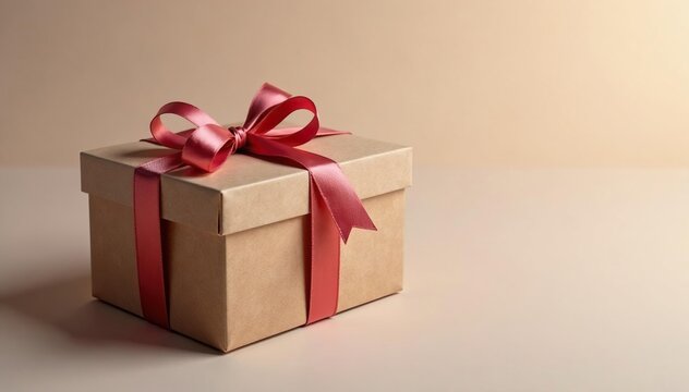 Elegant kraft parcel gift box with satin ribbon , texture, cardboard