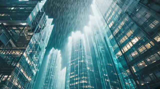 Architectural marvel illuminated modern skyscrapers in heavy rain abstract futuristic cityscape at night