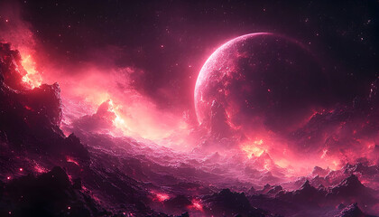 A stunning cosmic landscape featuring a large planet glowing with red energy amidst swirling nebulae and distant stars