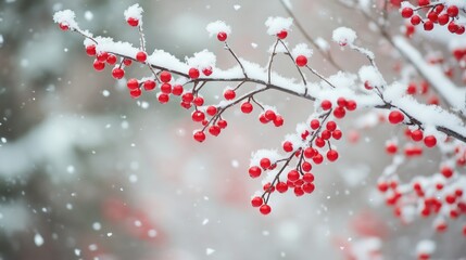 Beautiful Winter Background with Snow and Red Berries