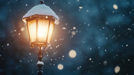 Vintage Street Lamp Covered in Snow During a Winter Night