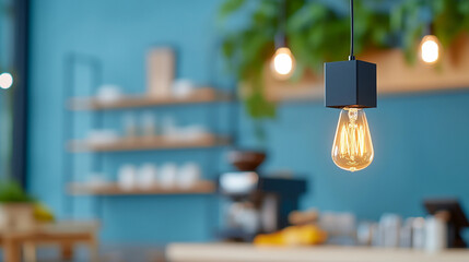 A stylish hanging light fixture illuminating a cozy cafe interior.