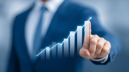 Executive pointing at upward graph, chart glowing blue, concept of growth and business success