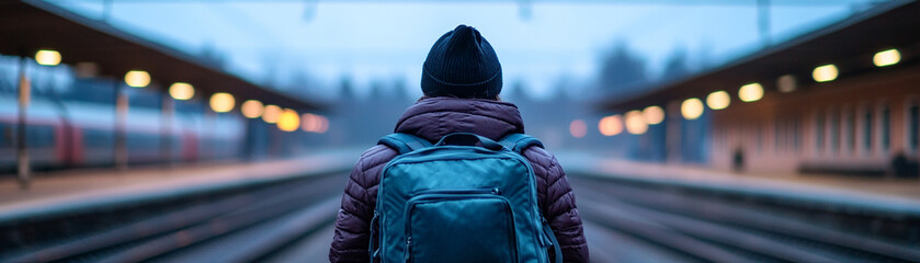A traveler stands alone at a train station, gazing into the distance under gray skies.