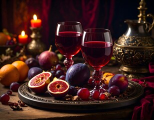Fototapeta premium Still Life with Red Wine, Fruit, and Candles