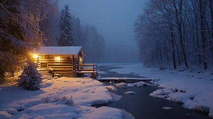 Cozy log cabin scene in a winter wonderland at dusk with a snow covered landscape and illuminated windows