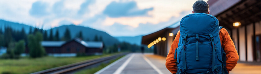 A traveler with a backpack gazes at the scenic train station at dusk.