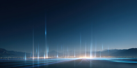 Technology abdtract background of the beam of light shooting into space with the landscape under the night sky