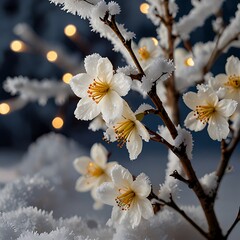 Close Up of White Artificial Flowers with Lights on Snow Covered Branches