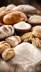 A variety of bread types and flour on a rustic wooden table, showcasing freshness and texture.