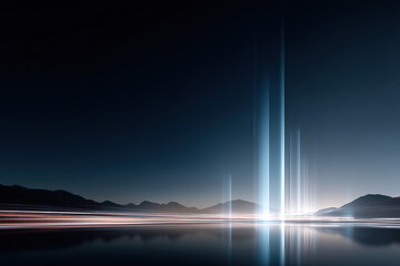 Technology abdtract background of the beam of light shooting into space with the landscape under the night sky