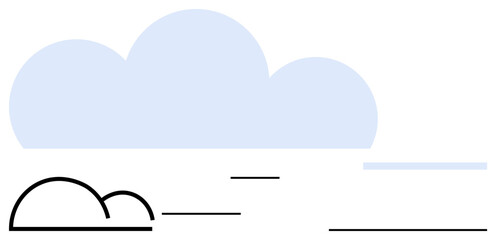 Blue cloud with stylized black and blue horizontal lines representing ground and horizon. Ideal for weather, tranquility, minimalism, nature, simplicity, environment, abstract design. Flat simple