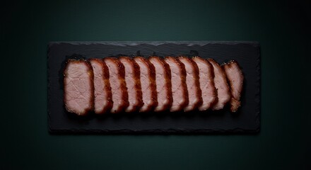 Sliced Roasted Pork on Dark Slate Plate