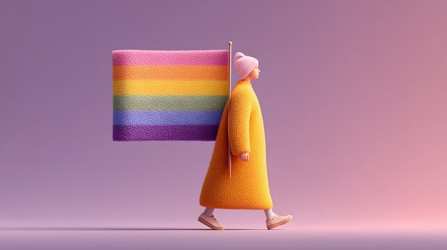 Nonbinary person proudly walks in celebration of diversity during Pride Month with a colorful rainbow flag in a vibrant setting