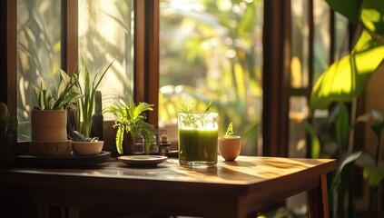 Sunlight streams through window to a green smoothie