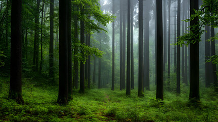 Fototapeta premium Misty Forest Pathway With Lush Green Trees