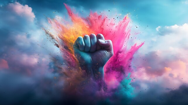 Vibrant raised fist symbolizing strength and unity, celebrating diversity and pride in LGBTQ community during pride month with colorful explosion