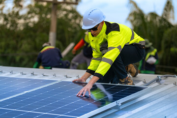 A skilled technician adjusts a solar panel on rooftop, emphasizing the transition to sustainable...