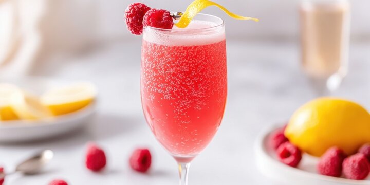 National Lemonade Day Refreshing raspberry lemon prosecco cocktail with berries and citrus garnish in flute glass