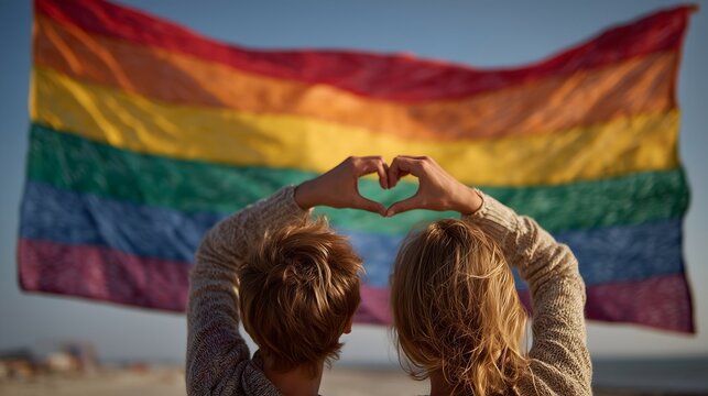 Young couple creates a heart shape against a vibrant rainbow flag during a sunny day at the beach celebrating love and diversity - Powered by Adobe