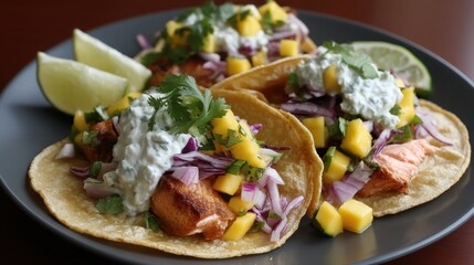 Salmon tacos with mango salsa, red onion, and cilantro on corn tortillas. National Taco Day