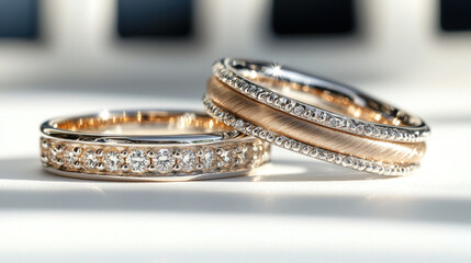 Elegant wedding bands in gold and silver with sparkling details, symbolizing love and commitment