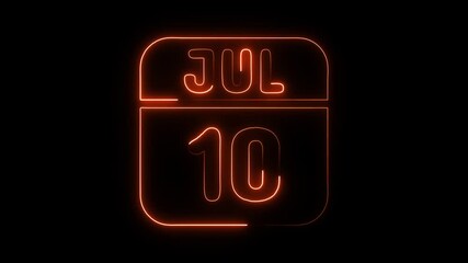Glowing neon 10 july icon isolated on black background.a neon sign with a calendar that says "10 DAYS". HD Video motion graphic animation