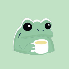 Cute Frog Drinking Tea Vector Relaxed Cartoon Animal Illustration