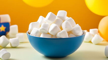 A vibrant bowl filled with fluffy white marshmallows on a colorful backdrop.
