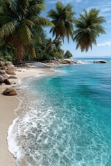 Obraz premium Pristine tropical beach with palm trees and turquoise waters on a sunny day