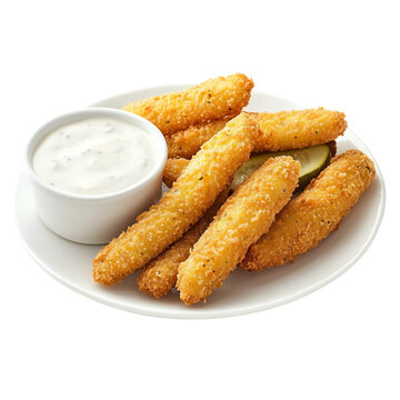 A serving of breaded and fried pickle spears with ranch dipping sauce, isolated [Transparent Background PNG].