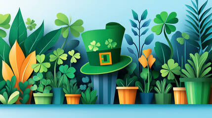 A vibrant collection of green plants and a lucky hat for festive occasions.