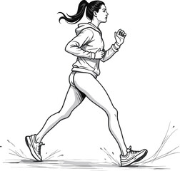 Fototapeta premium Dynamic black and white sketch of athletic woman running in hoodie and shorts with ground splashes. Perfect for health or sports themes