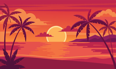 Tropical Sunset Beach Scene: Palm Trees, Ocean, and Sunset Illustration