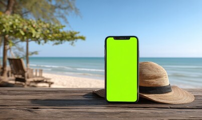 Smartphone on a beach with a straw hat