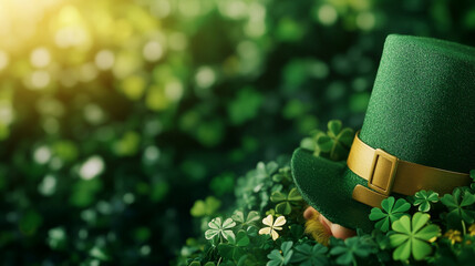 A vibrant green leprechaun hat nestled among lush clover leaves under warm sunlight.